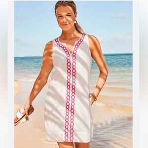 NWT Tommy Bahama Geometric Embroidered Linen Shift Dress SZ XS White W/ Pink